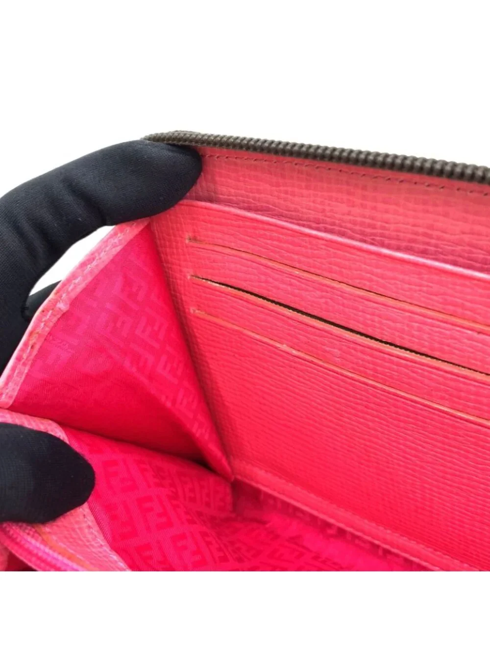 Fendi Zucca Pattern Zip Around Leather Pink Brown Wallet Gold